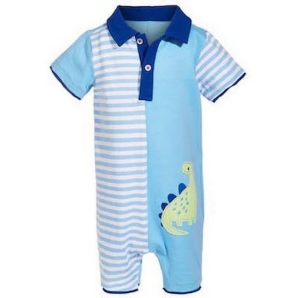 First Impressions Blue and White Striped Dinosaur Romper
